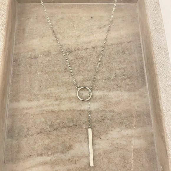 925 Sterling Silver Lariat Necklace Circle & Bar Drop Necklace Minimalist Chain - Picture 2 of 8